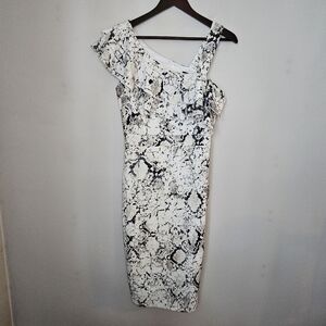 Rachel Roy Midi Dress Elegant Black White Snake Print Cocktail Neutral Ruffle